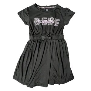 Bebe Black and Pink Fit and Flare Dress with Cap Sleeves